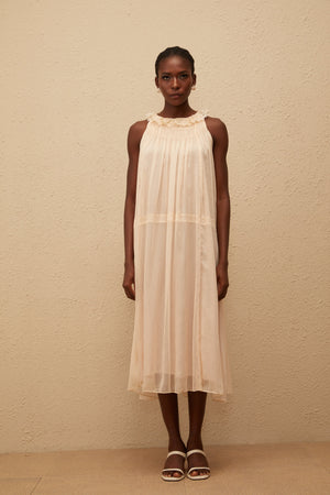 Aurohaya Orélie Neutral Pleated Chiffon Midi Dress