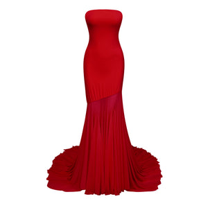Aurohaya Josiane red off-shoulder sheer tulle maxi dress