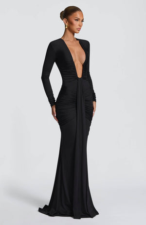 Aurohaya Eléonore Deep Plunge Ruched Mermaid Maxi Dress