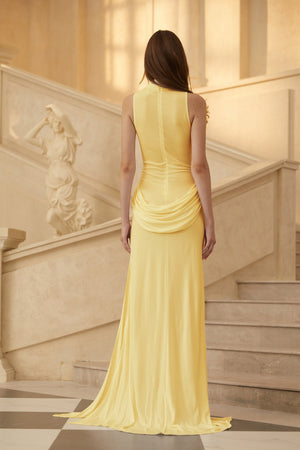 Aurohaya Mystérieuse Yellow Turtleneck Draped Maxi Dress