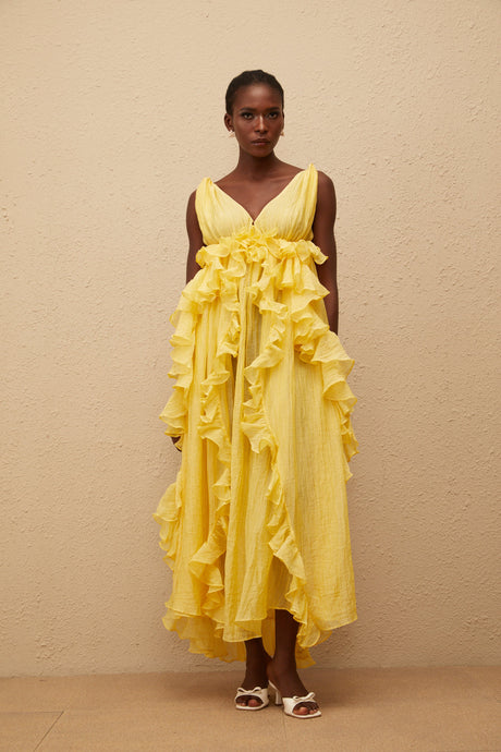 Aurohaya Estelle Yellow Crinkled Ruffled Maxi Dress
