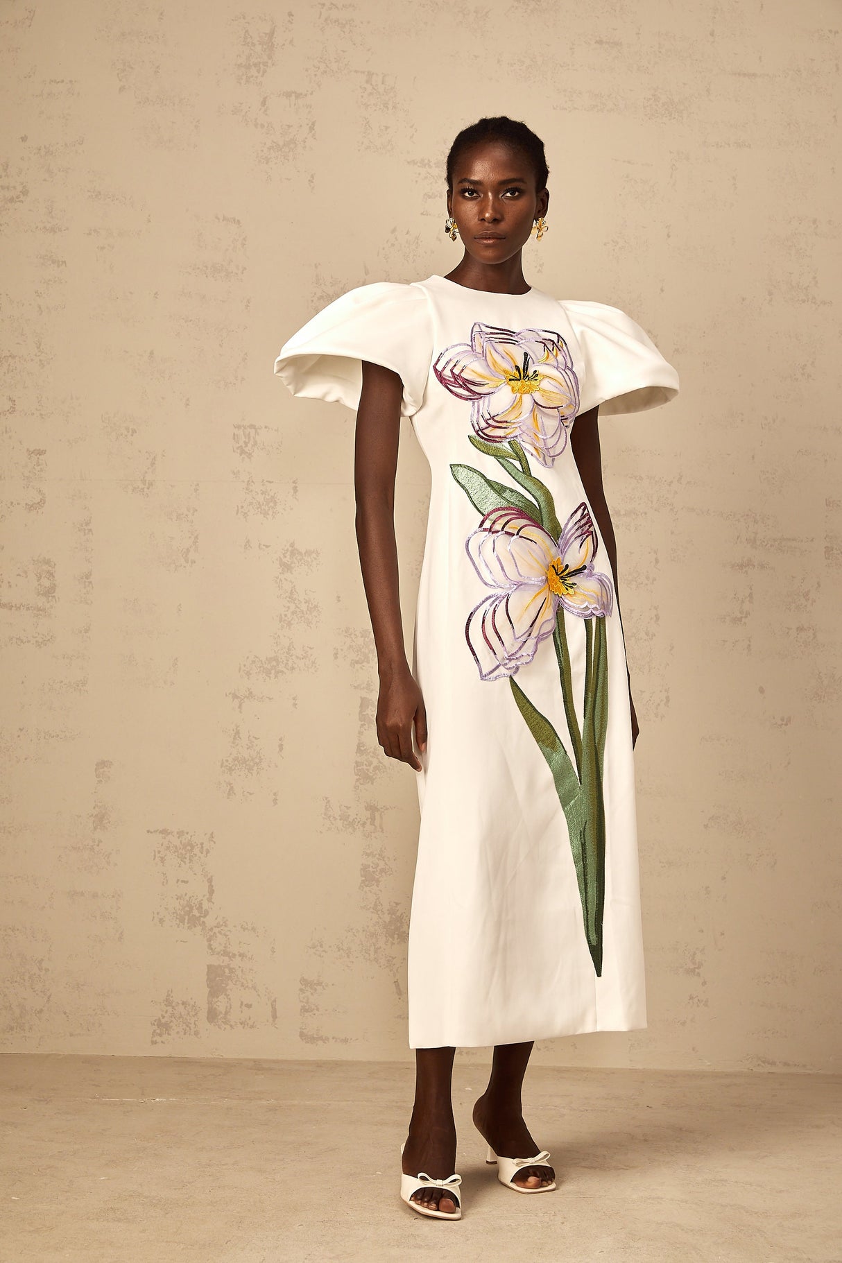 Aurohaya Irène White Sequin Floral Embroidered Midi Dress