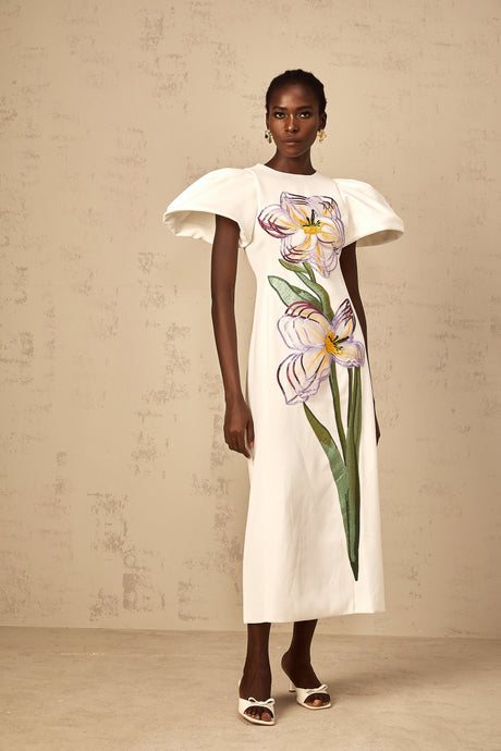 Aurohaya Irène White Sequin Floral Embroidered Midi Dress