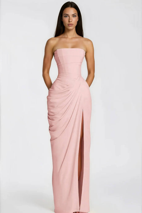 Aurohaya Azalée Strapless Draped High-Slit Maxi Dress Pink