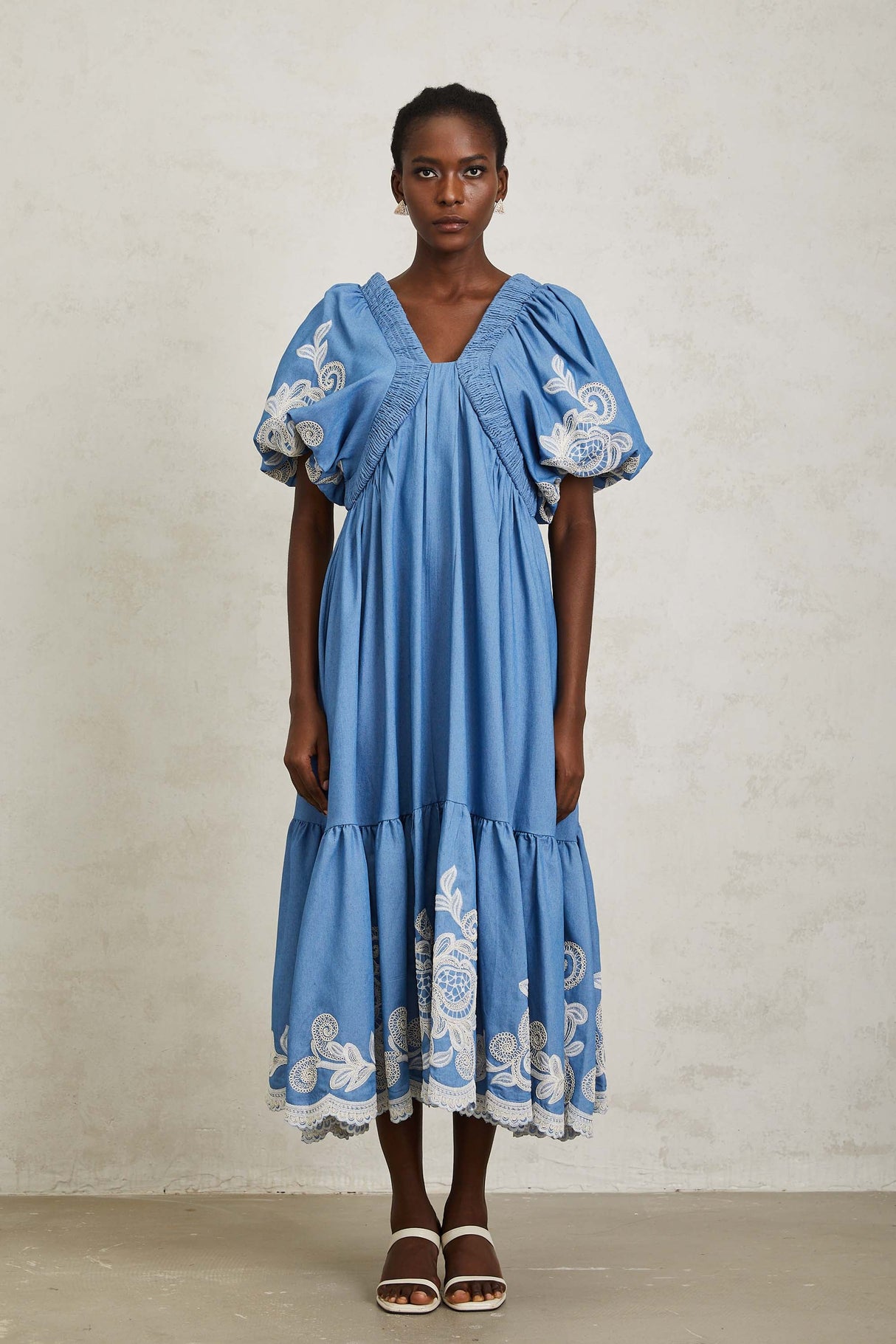 Aurohaya Héloïse Blue Floral Embroidered Shirred Midi Dress