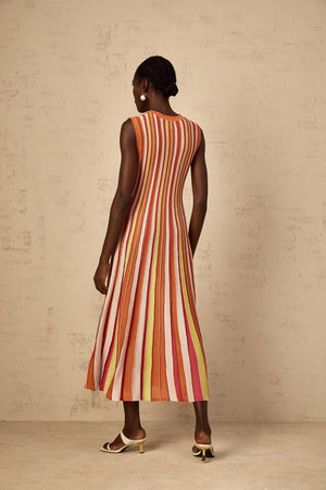 Aurohaya Abriana Orange Vertical Striped Knit Midi Dress