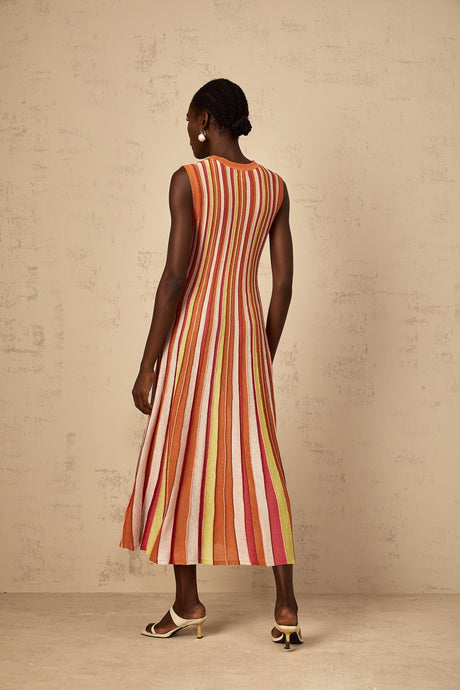 Aurohaya Abriana Orange Vertical Striped Knit Midi Dress