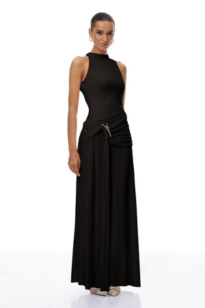 Aurohaya Klara Black Ruched Ribbon Textured Maxi Dress