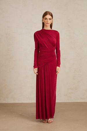 Aurohaya Charme Red Ruched Maxi Dress