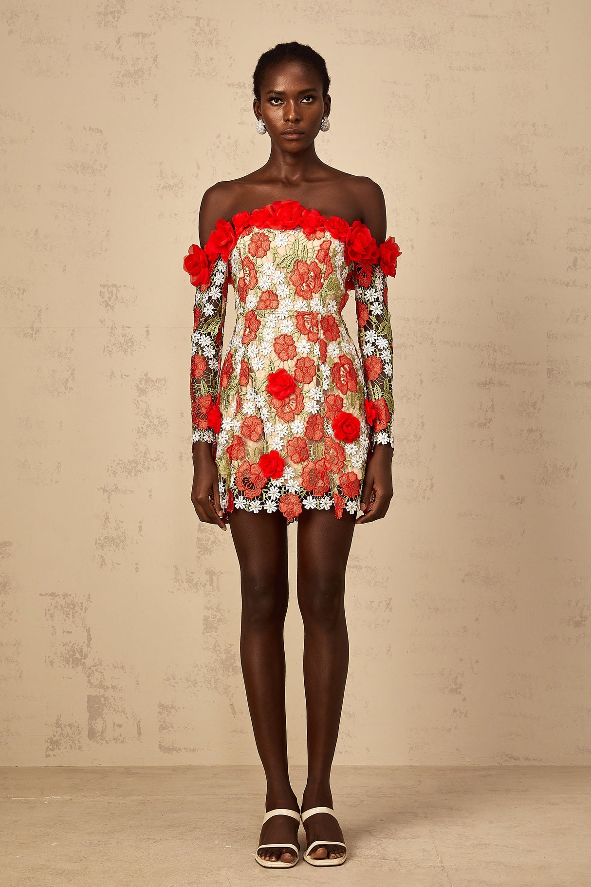 Aurohaya Anaya Red Rose Appliqué Embroidered Mini Dress