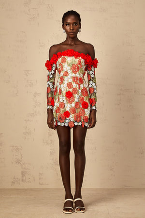 Aurohaya Anaya Red Rose Appliqué Embroidered Mini Dress