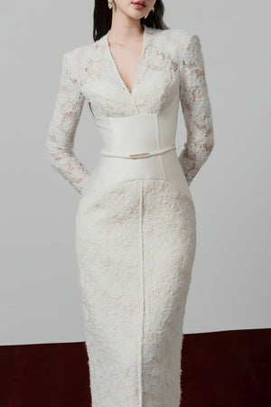 Aurohaya Oona White Floral Lace Pencil Midi Dress