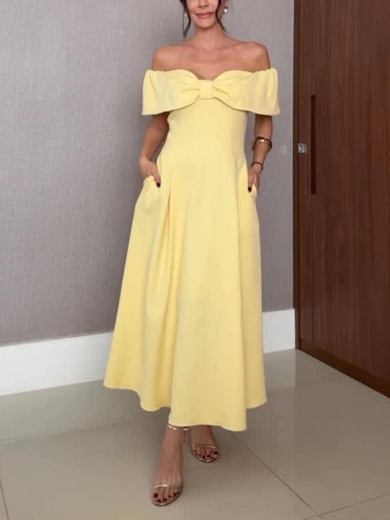 Aurohaya Elegant One-shoulder Bow Tie A-line Midi Dress Yellow