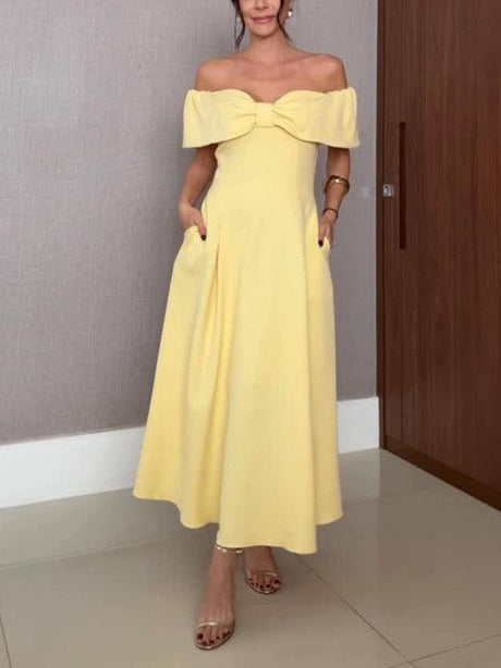 Aurohaya Elegant One-shoulder Bow Tie A-line Midi Dress Yellow