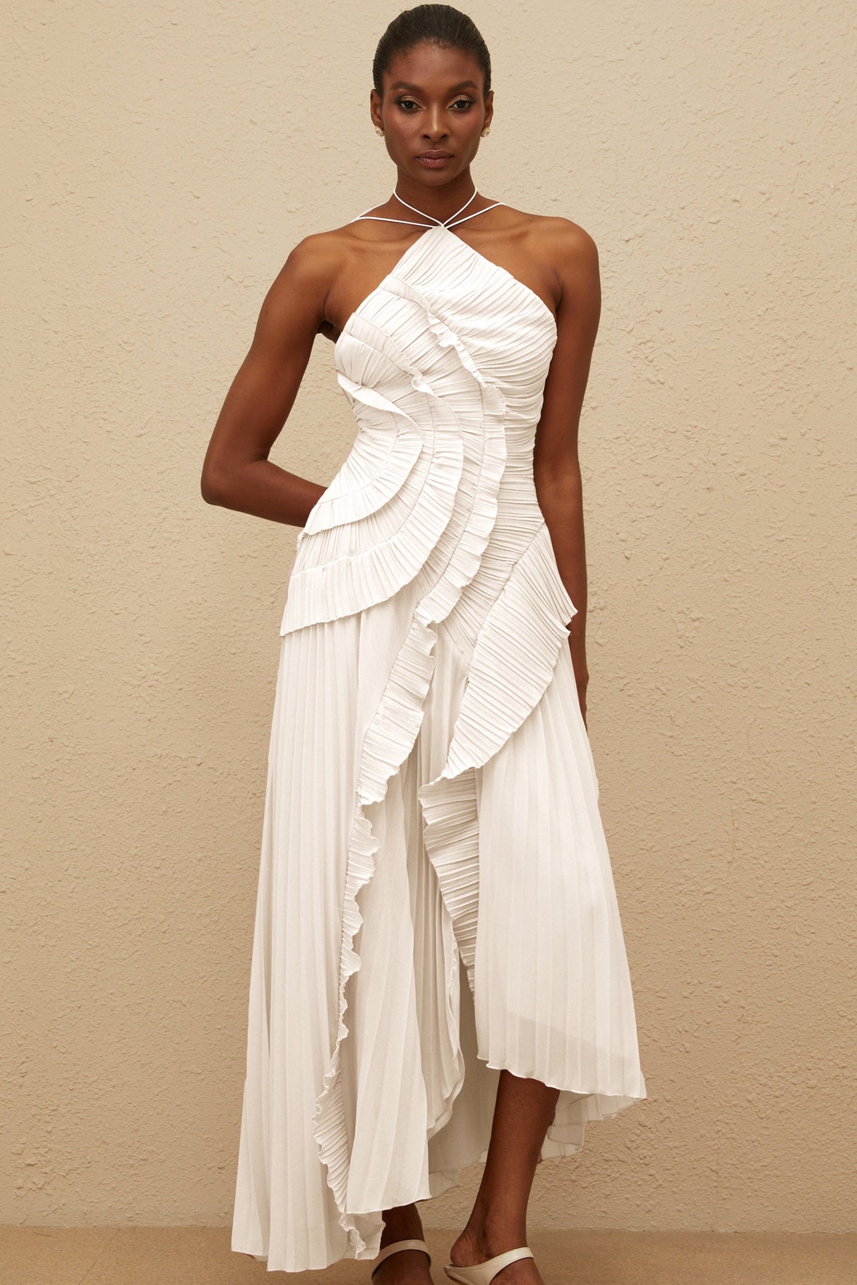 Aurohaya Doux White Ruffled Trim Pleated Midi Dress