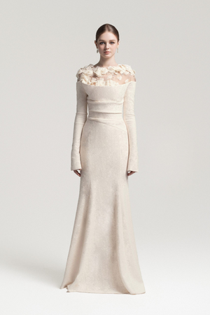 Aurohaya Silvia White Floral Appliqué Off-Shoulder Gown