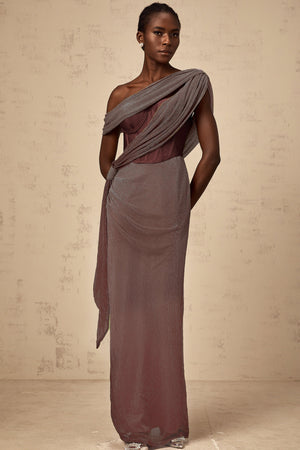 Aurohaya Delphine ribbon-design corset maxi dress in Brown