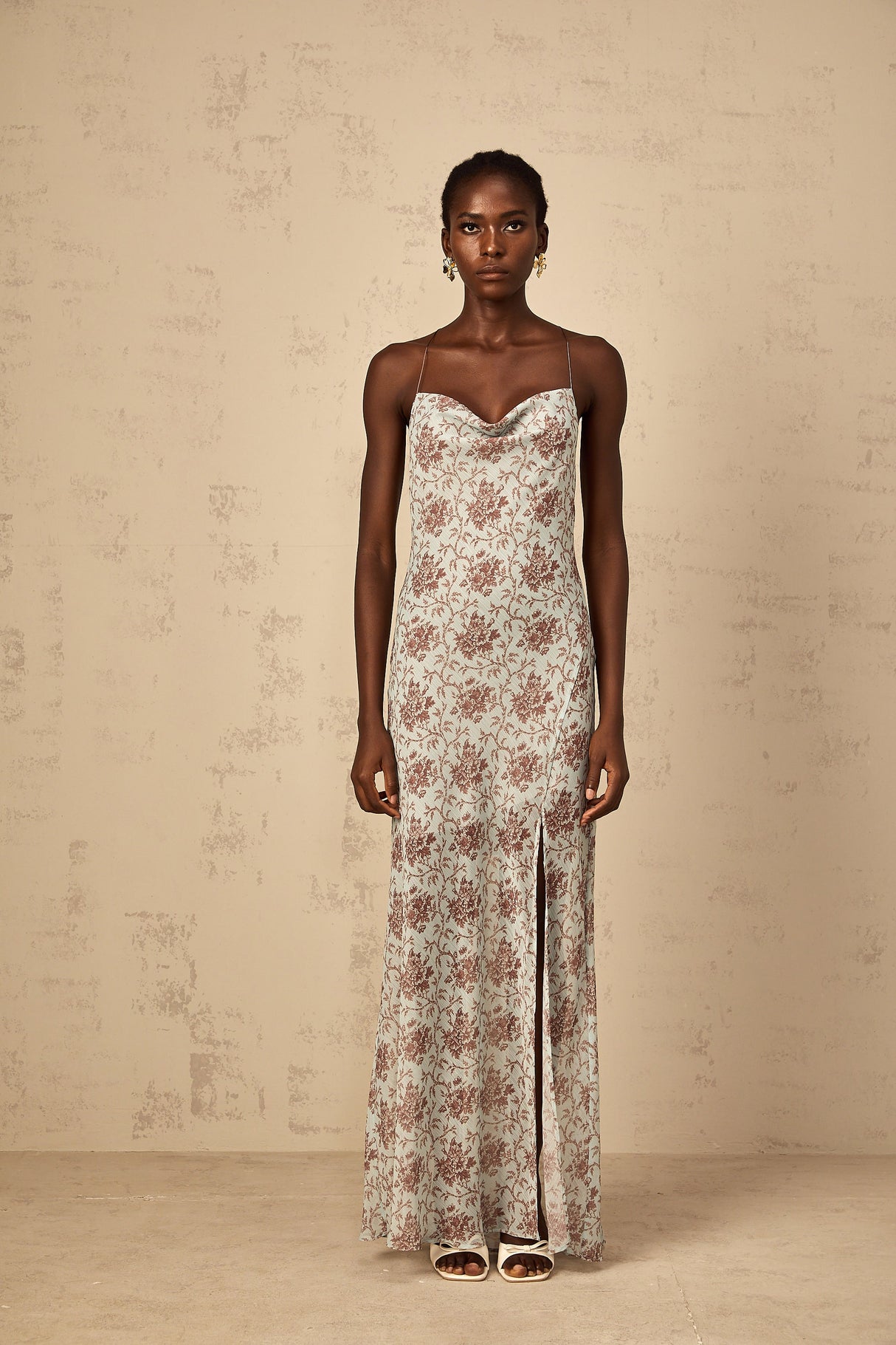 Aurohaya Honorine Blue Sleeveless Floral Print Maxi Dress