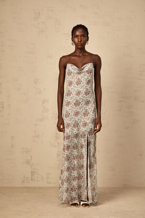 Aurohaya Honorine Blue Sleeveless Floral Print Maxi Dress