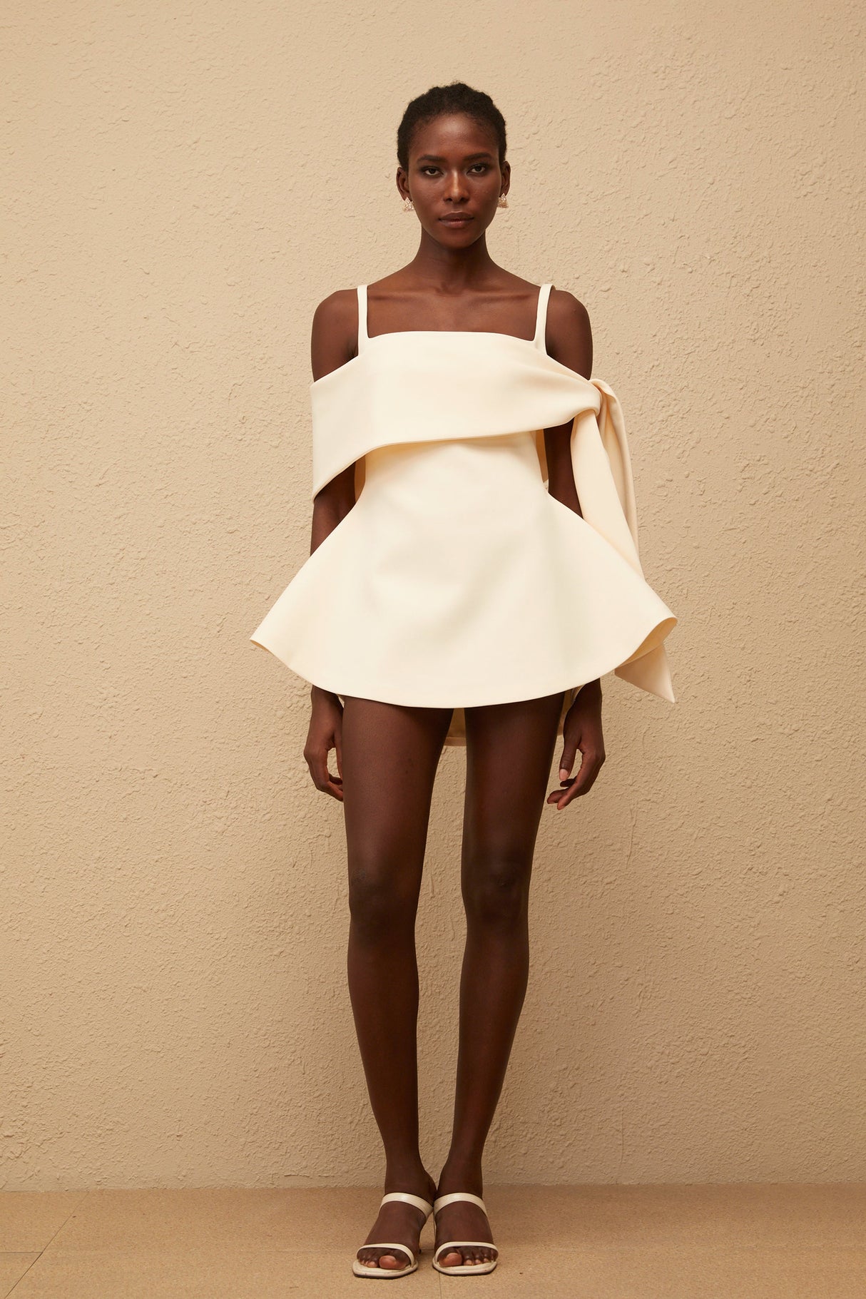 Aurohaya Garance Cream White Self Tie Flared Mini Dress