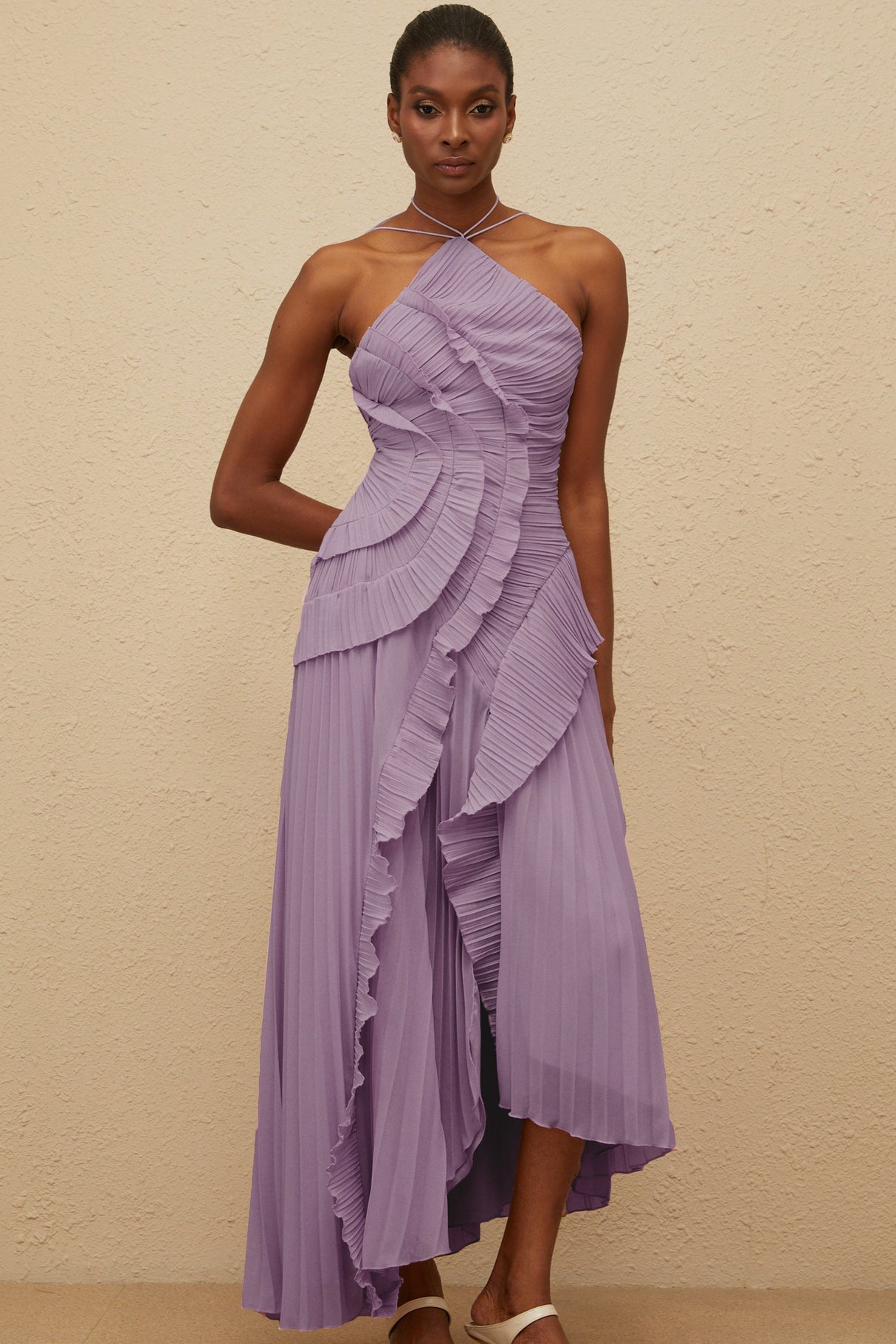 Aurohaya Doux Purple Ruffled Trim Pleated Midi Dress