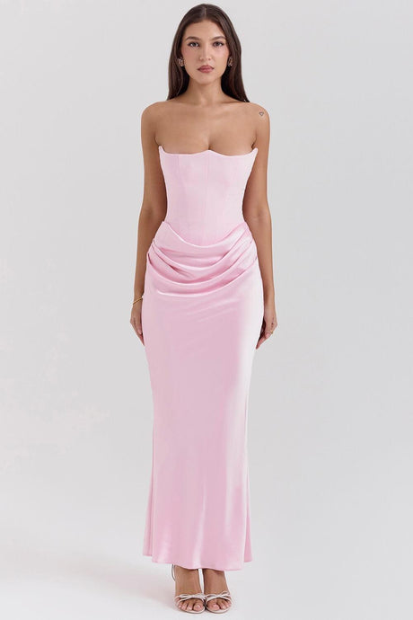 Aurohaya Vianne Off-Shoulder Corset Maxi Dress Pink