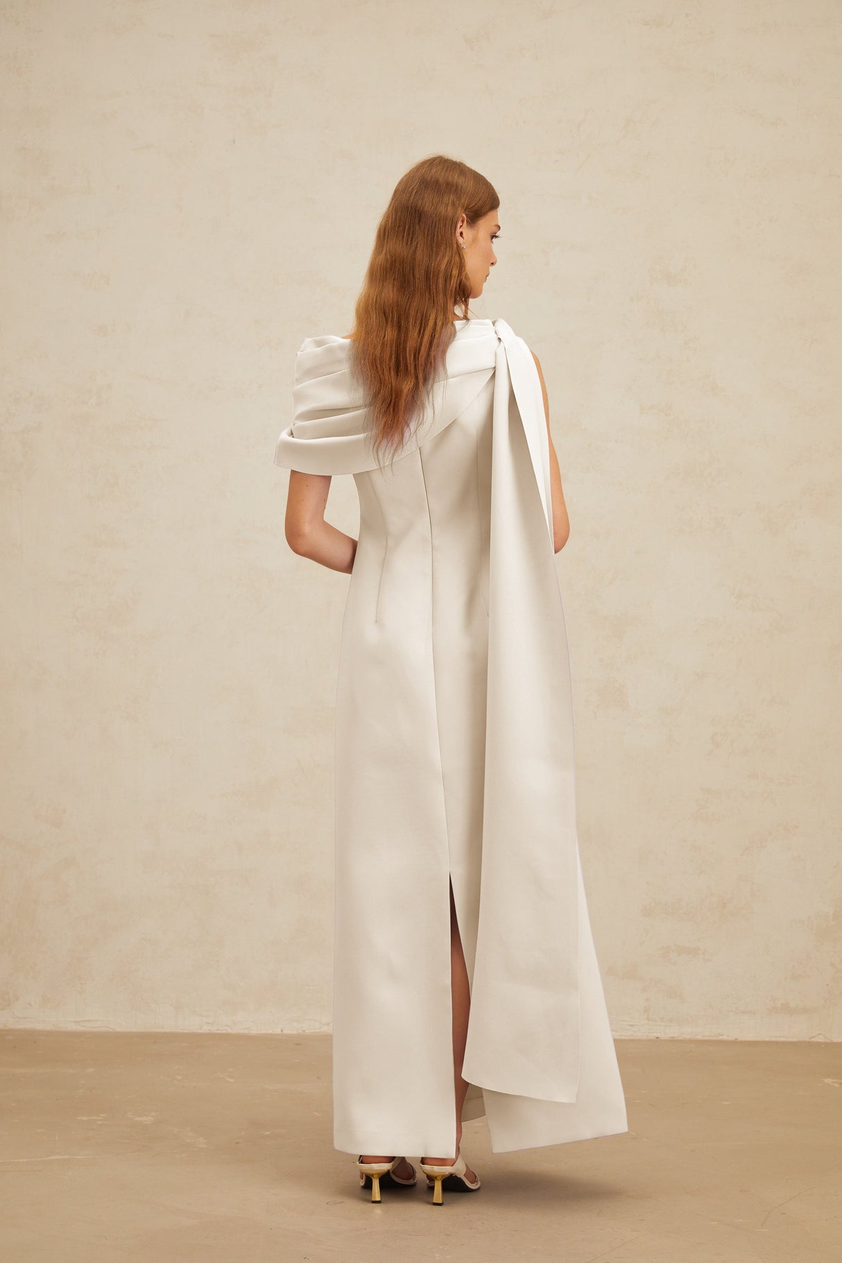 Aurohaya Annabelle White Cape-Design Ribbon Maxi Dress