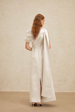 Aurohaya Annabelle White Cape-Design Ribbon Maxi Dress