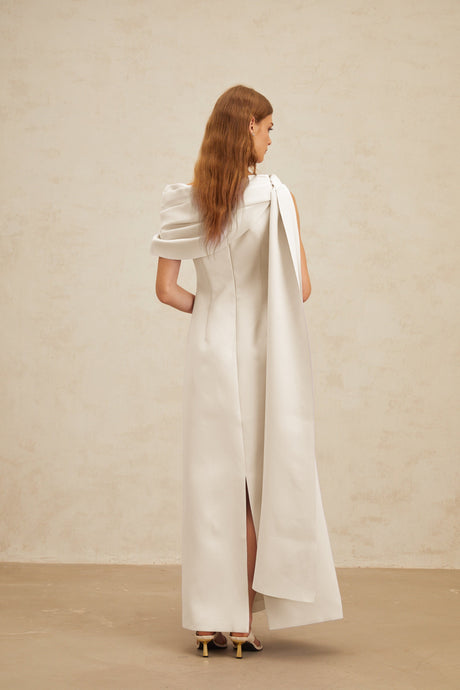 Aurohaya Annabelle White Cape-Design Ribbon Maxi Dress