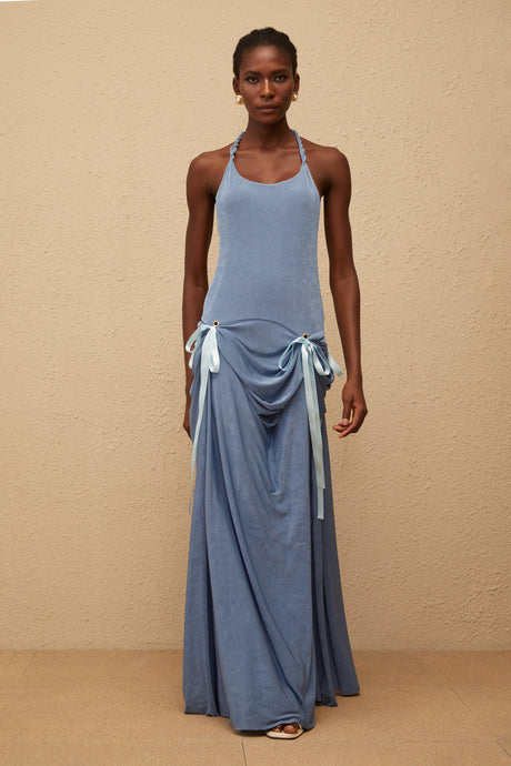 Aurohaya Adèle Blue Bowknot Velvet Maxi Dress