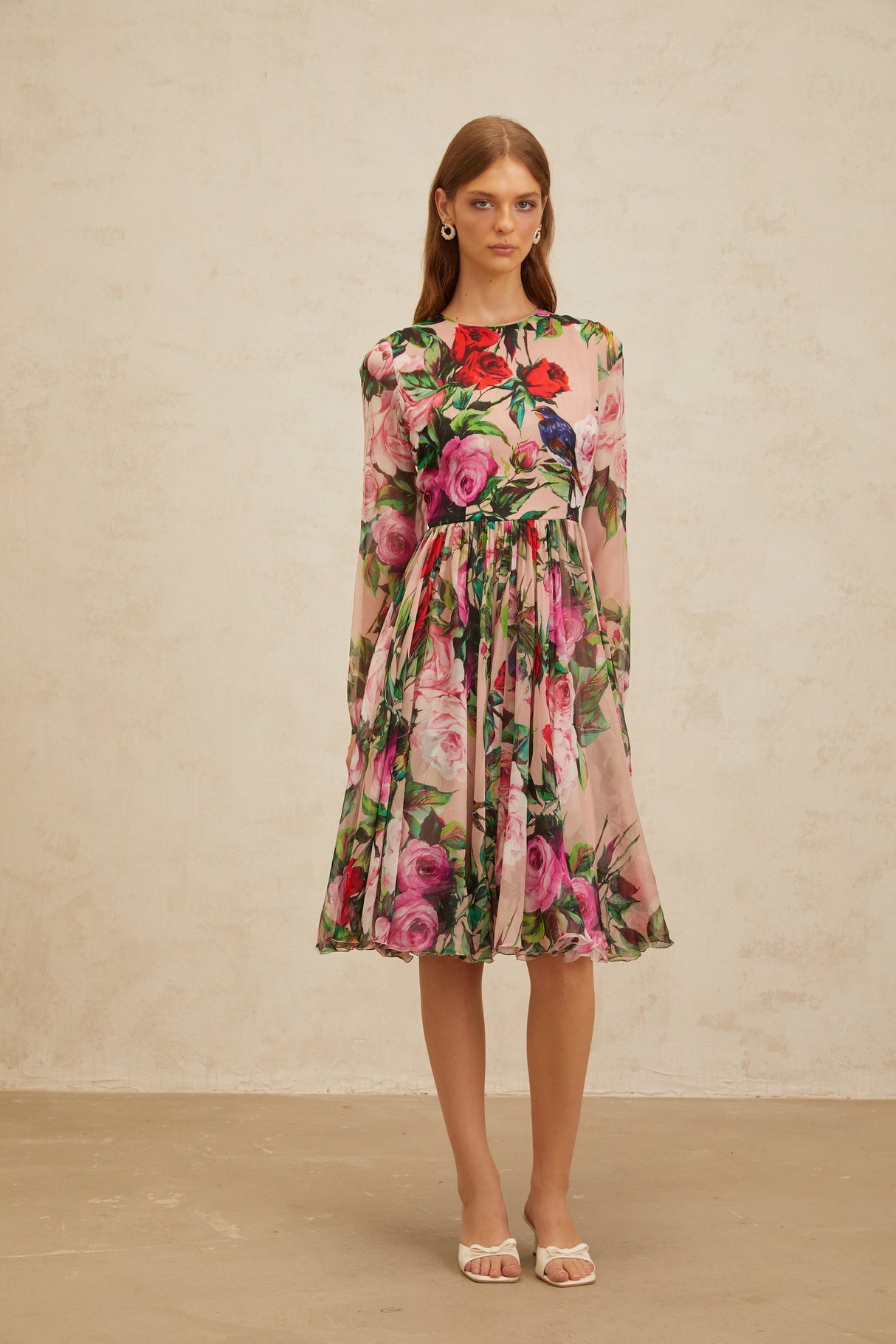Aurohaya Coralie Pink Rose Print Summer Silk Midi Dress