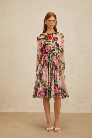 Aurohaya Coralie Pink Rose Print Summer Silk Midi Dress