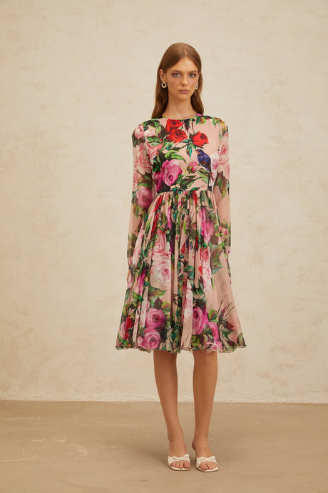 Aurohaya Coralie Pink Rose Print Summer Silk Midi Dress