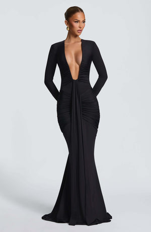 Aurohaya Eléonore Deep Plunge Ruched Mermaid Maxi Dress