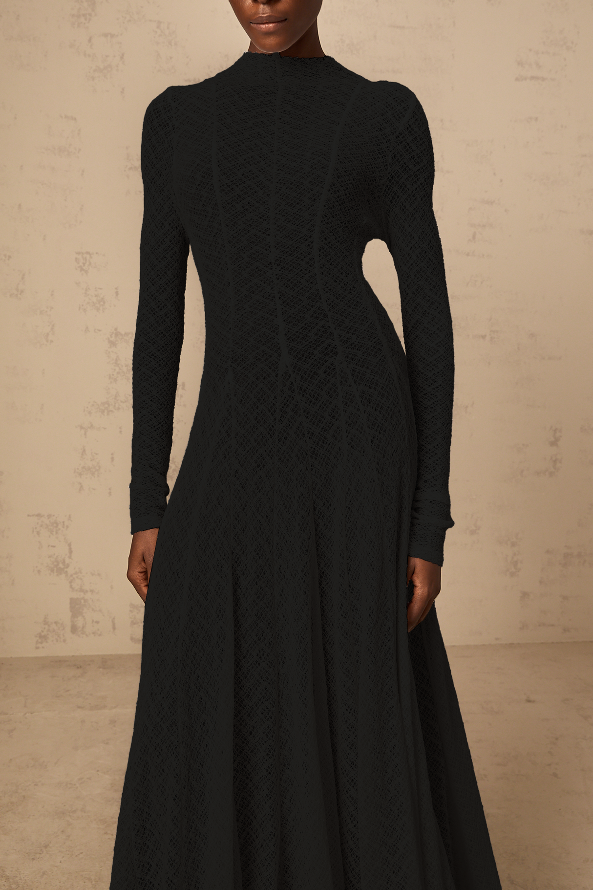 Aurohaya Athena wavy-pattern lace maxi dress in Black