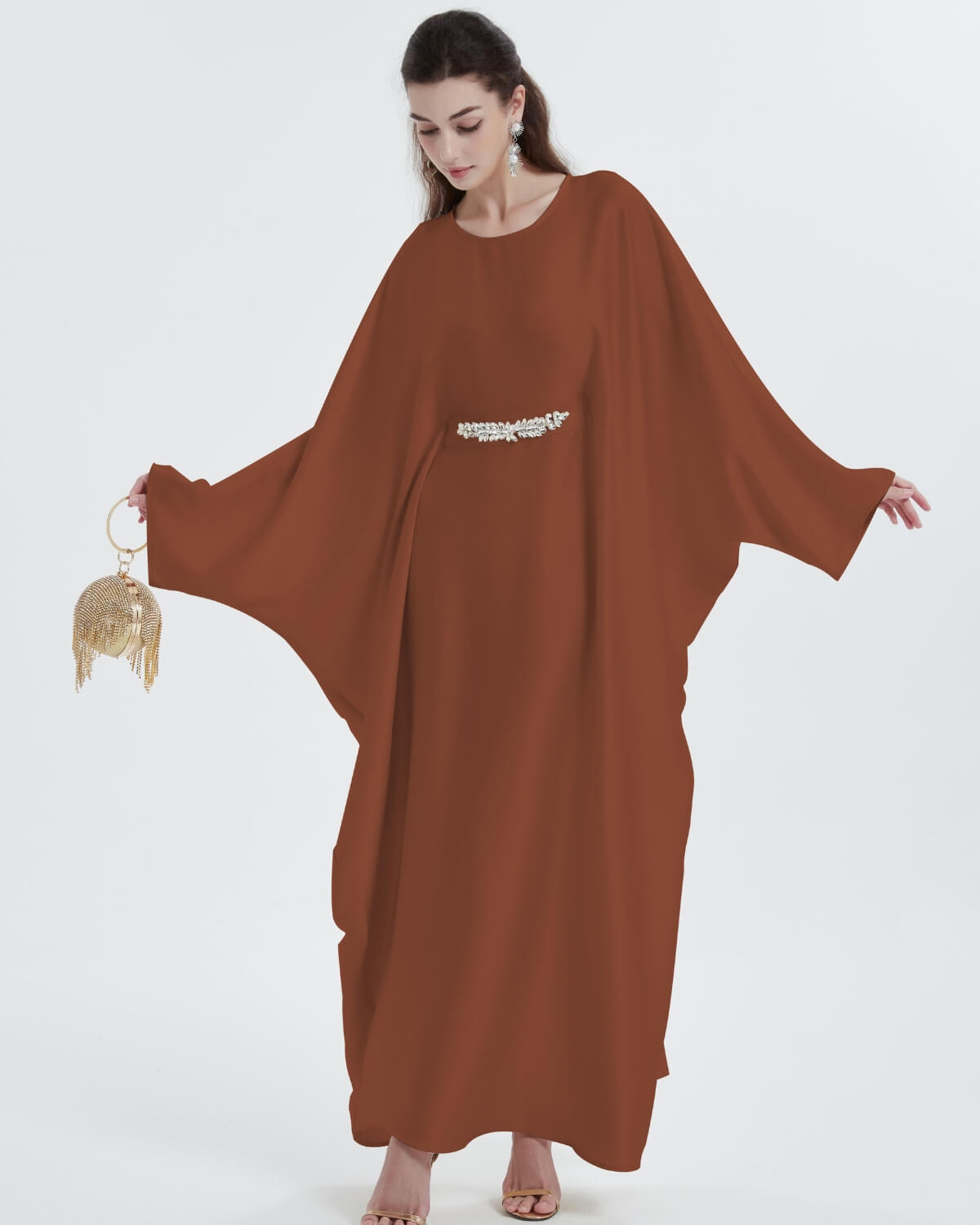 Elegant Satin Maxi Butterfly Abaya Crystal-Embellished Modest Dress