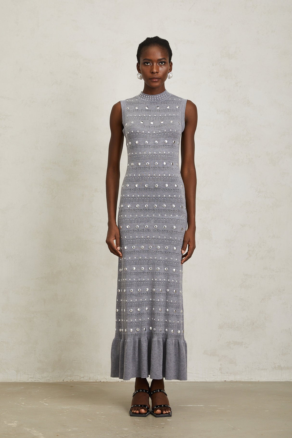 Aurohaya Chloé Grey Studded Crochet Knit Maxi Dress
