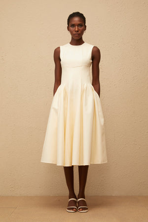 Aurohaya Velours Neutral Voluminous Midi Dress