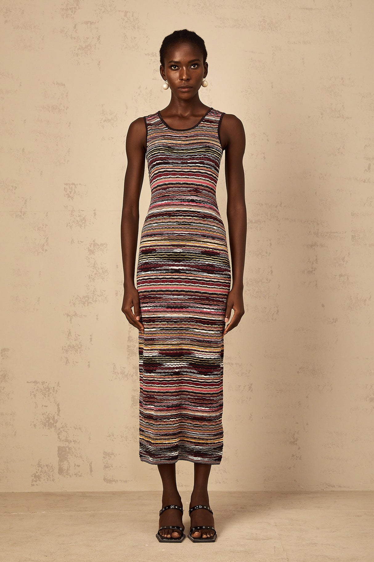 Aurohaya Quentin Purple Striped Crochet Knit Midi Dress