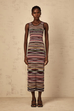 Aurohaya Quentin Purple Striped Crochet Knit Midi Dress