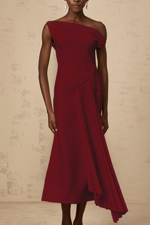 Aurohaya Laurine asymmetrical draped midi dress in Burgundy