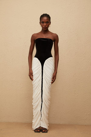 Aurohaya Iris Black Velvet Panel Ruched Maxi Dress