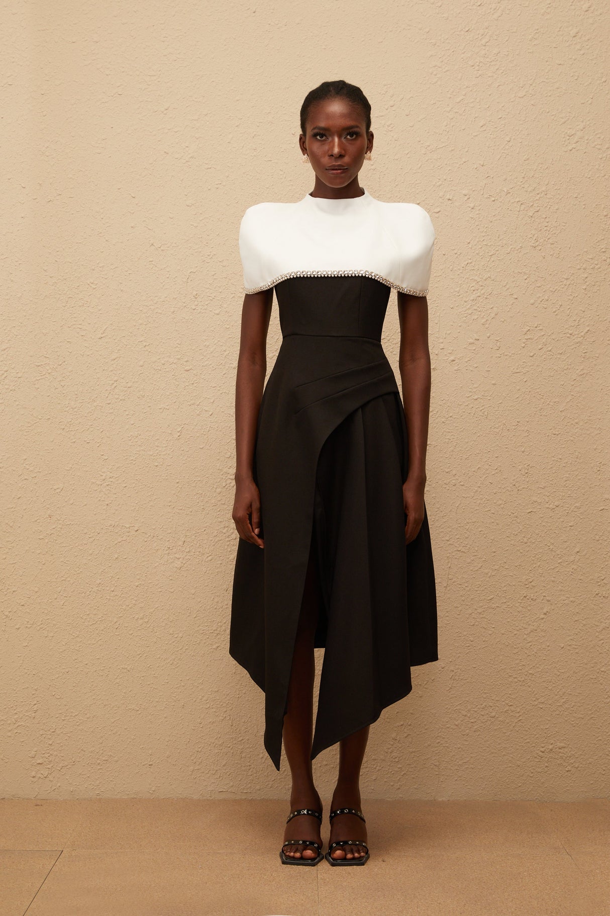 Aurohaya Fabienne Color Block Midi Dress with Embellished Shawl