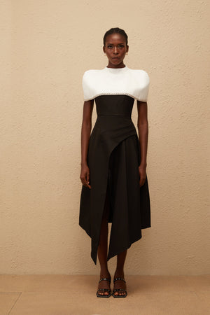 Aurohaya Fabienne Color Block Midi Dress with Embellished Shawl