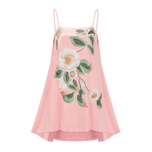 Aurohaya Avril Pink Floral Embroidered Satin Mini Dress