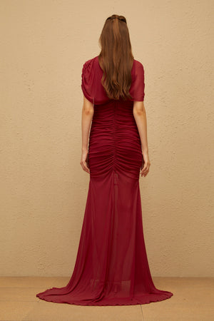 Aurohaya Sylphe Red Asymmetrical Ruched Mesh Maxi Dress