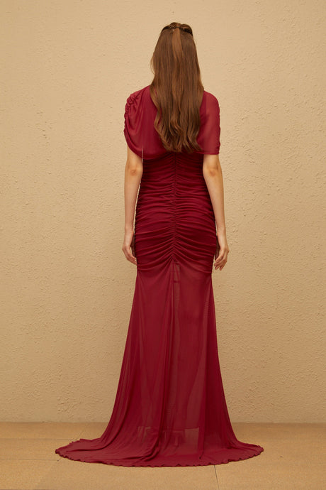 Aurohaya Sylphe Red Asymmetrical Ruched Mesh Maxi Dress
