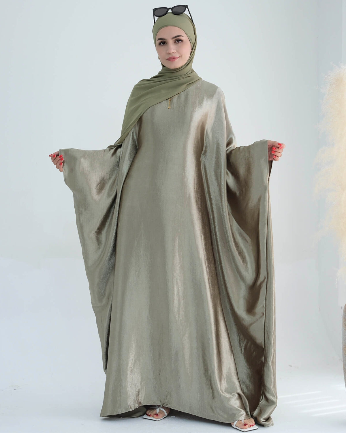 Wrinkled Satin Light Green Butterfly Abaya Dress