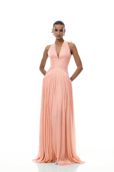 Aurohaya Térébenthine Pink Glossy Gathered Maxi Dress