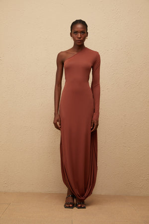 Aurohaya Aikaterini Brown Asymmetrical Draped Panel Midi Dress